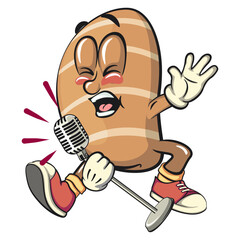 cute salted butter roll mascot cartoon vector illustration singing with great emotion, bakery bread character with happy face and red shoes isolated on transparant backnground, work of hand drawn
