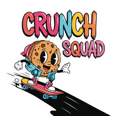 Playful Cartoon Cookie Character on Skateboard with Text, Mascot Illustration