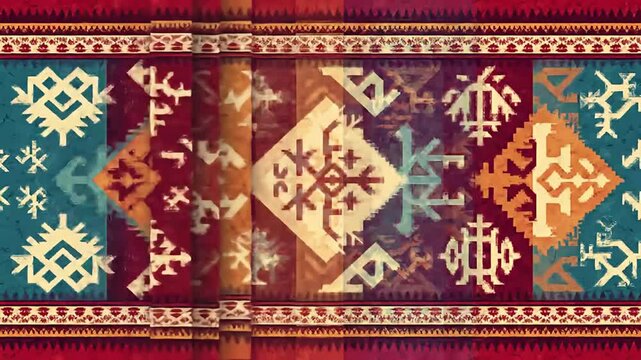 Decorative pattern, multicolored sections with geometric & abstract tribal symbols