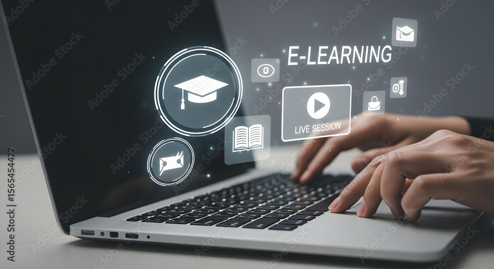 Poster person typing on laptop with e-learning icons floating above the keyboard.