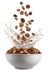 Chocolate Cereal with Milk Splash in White Bowl on Transparent Background