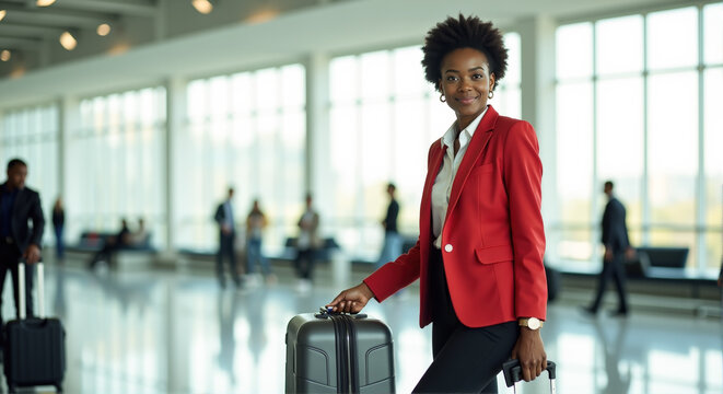 Stylish Black woman in red blazer stands with suitcase and smartphone, ready for a business trip in a bright modern terminal.