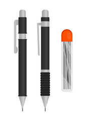 Flat design vector set of sleek black and silver mechanical pencils with refill lead box.