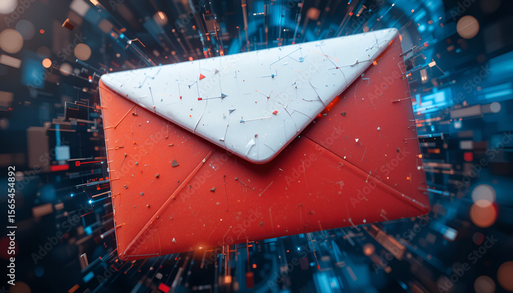 Poster abstract red envelope floating amid a matrix of digital data streams and glowing particles, symboliz