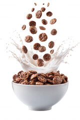 Chocolate Cereal with Milk Splash in White Bowl on Transparent Background