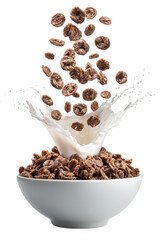 Chocolate Cereal with Milk Splash in White Bowl on Transparent Background