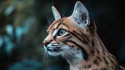 Naklejka premium Close-up portrait of a striped wild cat showcasing striking blue eyes and unique facial features. The serene backdrop emphasizes the cat's natural beauty and captivating presence.