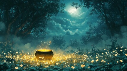 Glowing Cauldron in a Moonlit Enchanted Forest