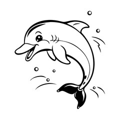 Cute Dolphin Coloring Page – Smiling Cartoon Dolphin Splashing with Bubbles, Fun Printable Ocean Animal Activity for Kids