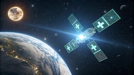 Blue earth globe in universe with stars and moon