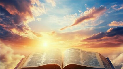 A digital artwork of a beautiful sunset with clouds, and an open Bible symbolizing faith, religion, or spirituality. - Powered by Adobe