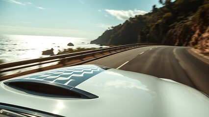 A sleek luxury car speeding along a coastal highway with ocean views through the windshield.