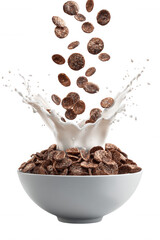 Chocolate Cereal with Milk Splash in White Bowl on Transparent Background