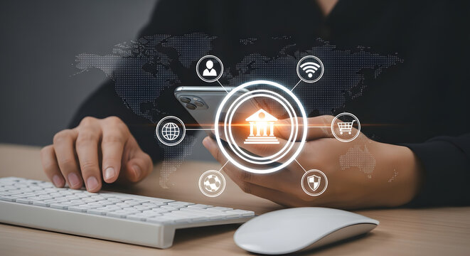 Person using a smartphone with a bank icon and other digital icons, with a keyboard and mouse nearby.