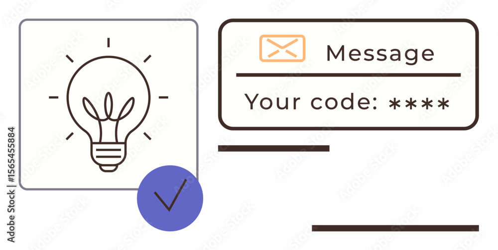 Poster lightbulb for creativity, email code entry field, and blue verification checkmark. ideal for innovat