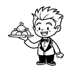 Waiter Boy Coloring Page – Cute Cartoon Server with Food Tray, Restaurant Job Theme Printable for Kids, Hospitality Career Coloring Sheet