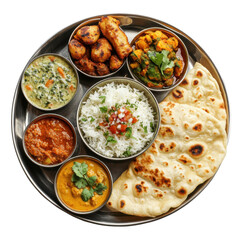 A delicious Indian thali featuring a variety of traditional dishes, including rice, naan, and colorful curries served in a vibrant, inviting setting. on transparent background