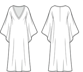 Kaftan dress with wide flutter sleeves and deep V-neck – technical fashion flat sketch (front and back views) © Md