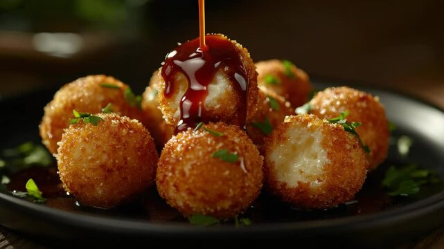 A delicious serving of golden fried cheese balls in a dipping sauce, perfect for parties and gatherings.