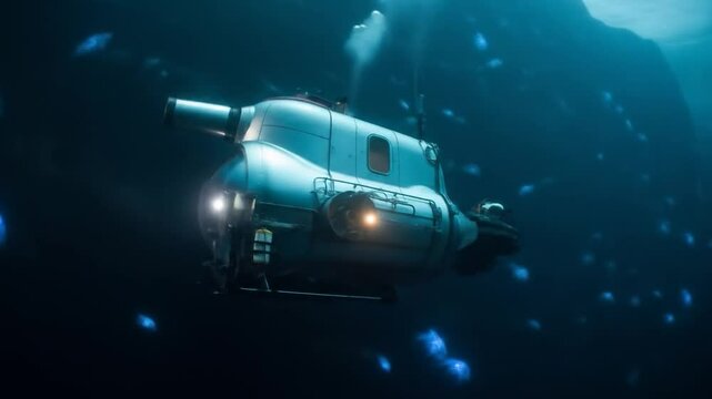 Deep Sea Exploration: Underwater Vessel Amidst Bioluminescent Creatures