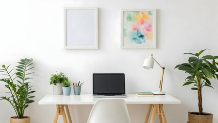 Modern minimalist workspace setup with plants and watercolor artwork