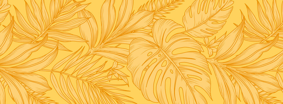 Yellow tropical background with palm tree and monstera leaves pattern in line art style. Botanical vector illustration