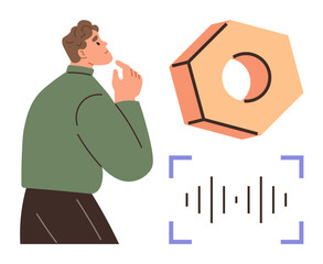 Person pondering with hand on chin beside hexagonal shape and soundwave graphic. Ideal for innovation, decision-making, technology, creativity, thinking process, problem-solving, and futuristic