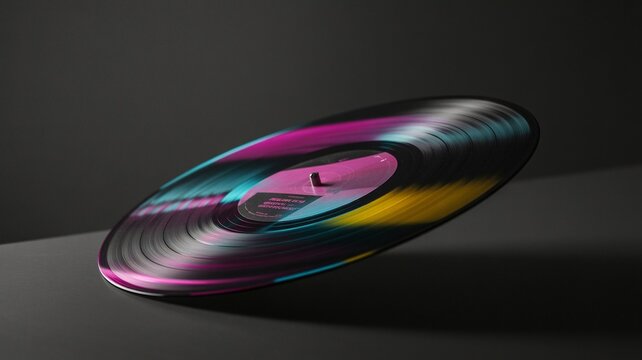 Vinyl Record with Neon Streaks on Dark Surface, Music Album Cover Art