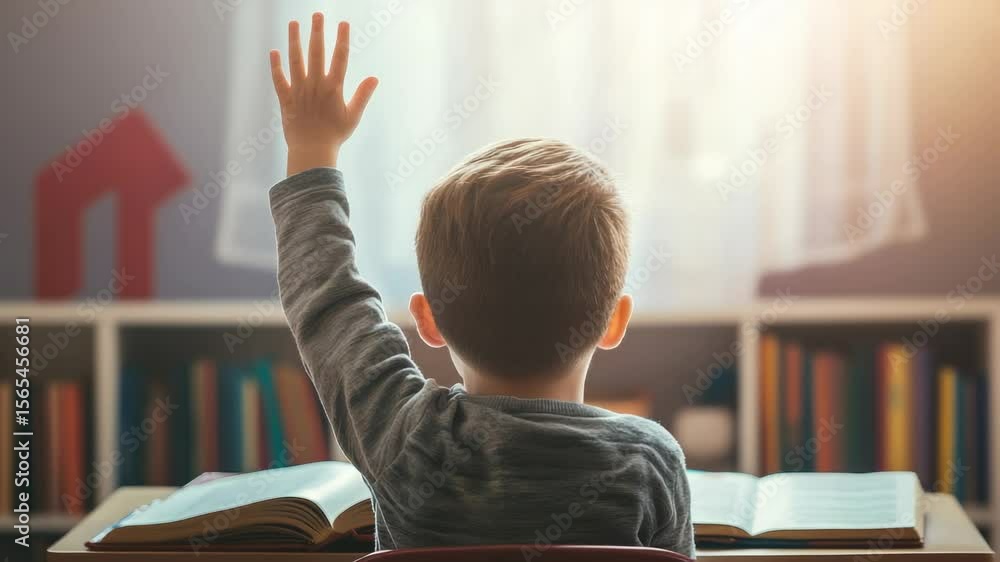 Poster Elementary school student raising hand enthusiastically to answer a teacher's question, sitting at a desk with an open book, surrounded by bright light streaming through the classroom window