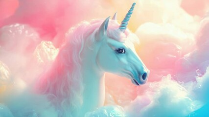A mystical unicorn stands on a pink cloud, evoking a sense of wonder and enchantment. This whimsical scene is both fantastical and artistic, capturing the essence of imagination.