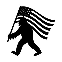 Patriotic Bigfoot Silhouette Holding American Flag Illustration