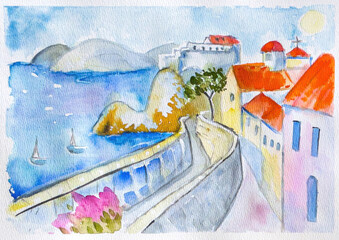 Dubrovnik Old Town Watercolor – Hand-Painted Mediterranean Cityscape with Red Roofs and Sea View