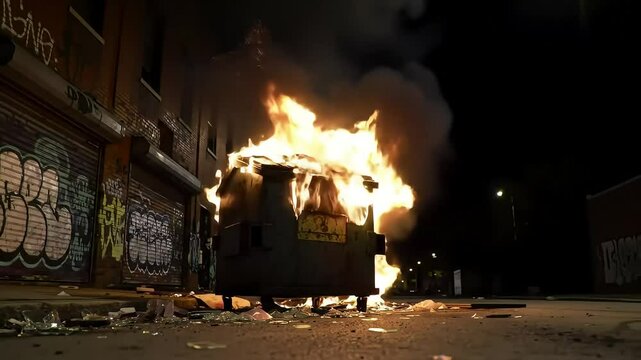 Burning dumpster, graffiti alley, night