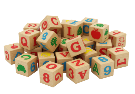 Scattered traditional wooden alphabet and number blocks, deeply carved vibrant primary letters/illustrations, light wood, bright white background, copy space. Concept of playful early childhood - Powered by Adobe