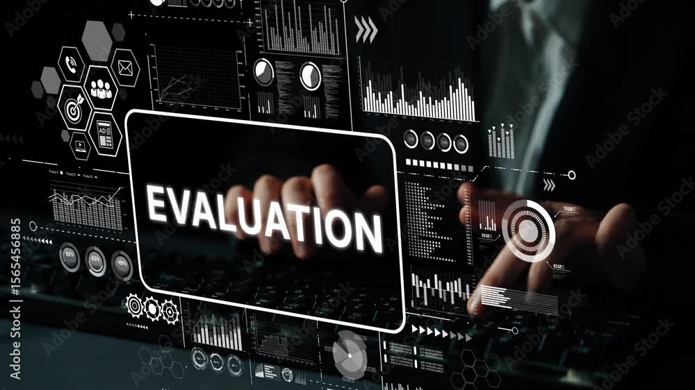 Poster business evaluation process with modern technology and data visualization concepts in corporate envi