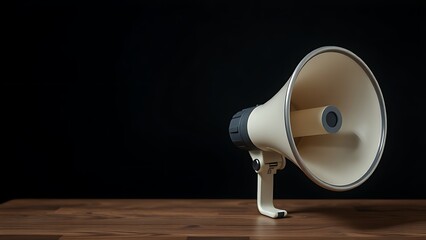 Megaphone placed on a wooden surface against a dark background.