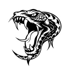 Aggressive Snake Head Illustration – Black and White Viper Tattoo Design with Fangs and Open Mouth, Serpent Logo Vector for Mascots, Prints, and Art