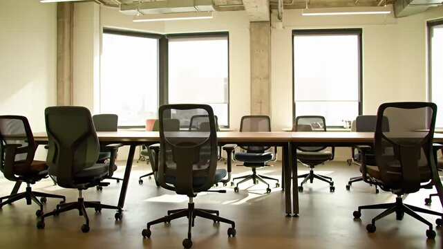 Bright meeting room with a long table and multiple office chairs around it
