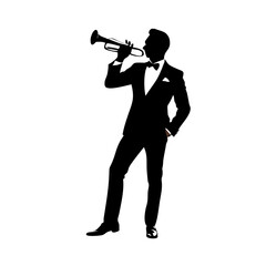 Trumpet Player Silhouette in Suit – Elegant Jazz Musician Vector Illustration for Posters, Album Covers, Events, Merchandise, Logos & Music Branding