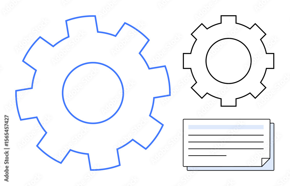 Poster large outlined and small solid gear with a document icon representing connection, process, and workf