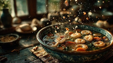 Shrimp soup in a large bowl, splashes of liquid