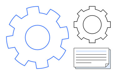 Large outlined and small solid gear with a document icon representing connection, process, and workflow concepts. Ideal for engineering, productivity, automation, planning, systems, strategy or