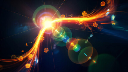 A vibrant abstract design featuring glowing orange streaks, brilliant light flares, and colorful lens effects against a dark backdrop.