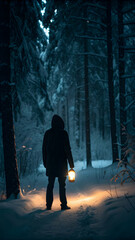 Hooded figure holding glowing jar in snowy night forest