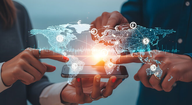 Two individuals collaboratively interact with a digital world map projected onto a smartphone, showcasing global connectivity and teamwork. - Powered by Adobe