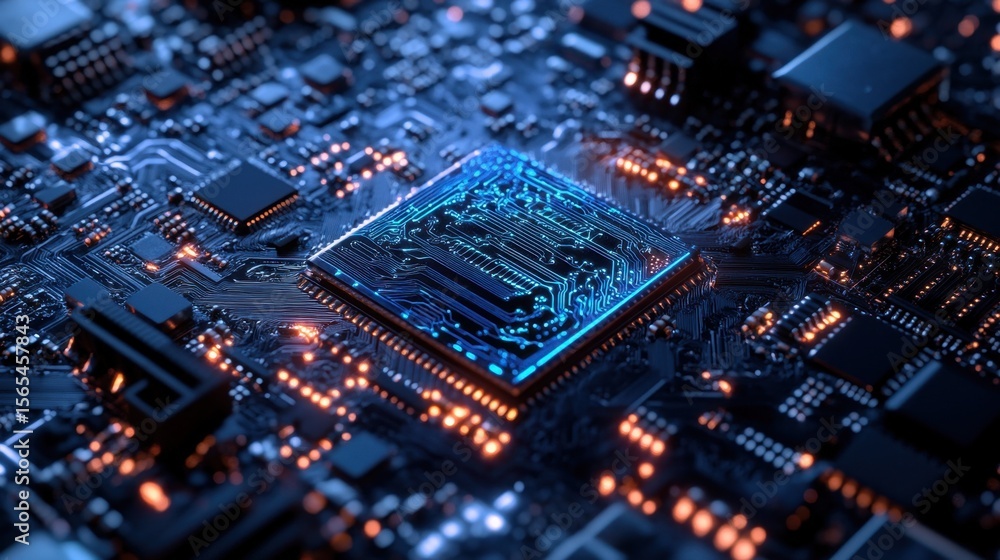 Poster a close-up view of a circuit board showcasing a microprocessor surrounded by glowing neon lights, hi