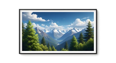 Framed landscape art of mountain range and evergreen trees on white background
