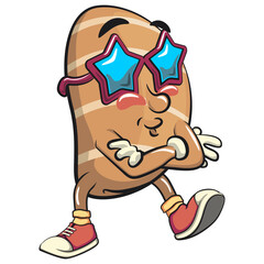 cute salted butter roll mascot cartoon vector illustration wearing stars shaped beach sung, bakery bread character with happy face and red shoes isolated on transparant backnground, work of hand drawn