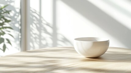 A minimalist still life featuring a white ceramic bowl placed on a wooden table, bathed in soft sunlight and intricate shadows, creating a serene atmosphere.