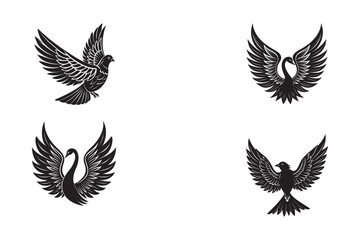 silhouette pigeon ,eagles, others birds bundle  wing shape on the white background 